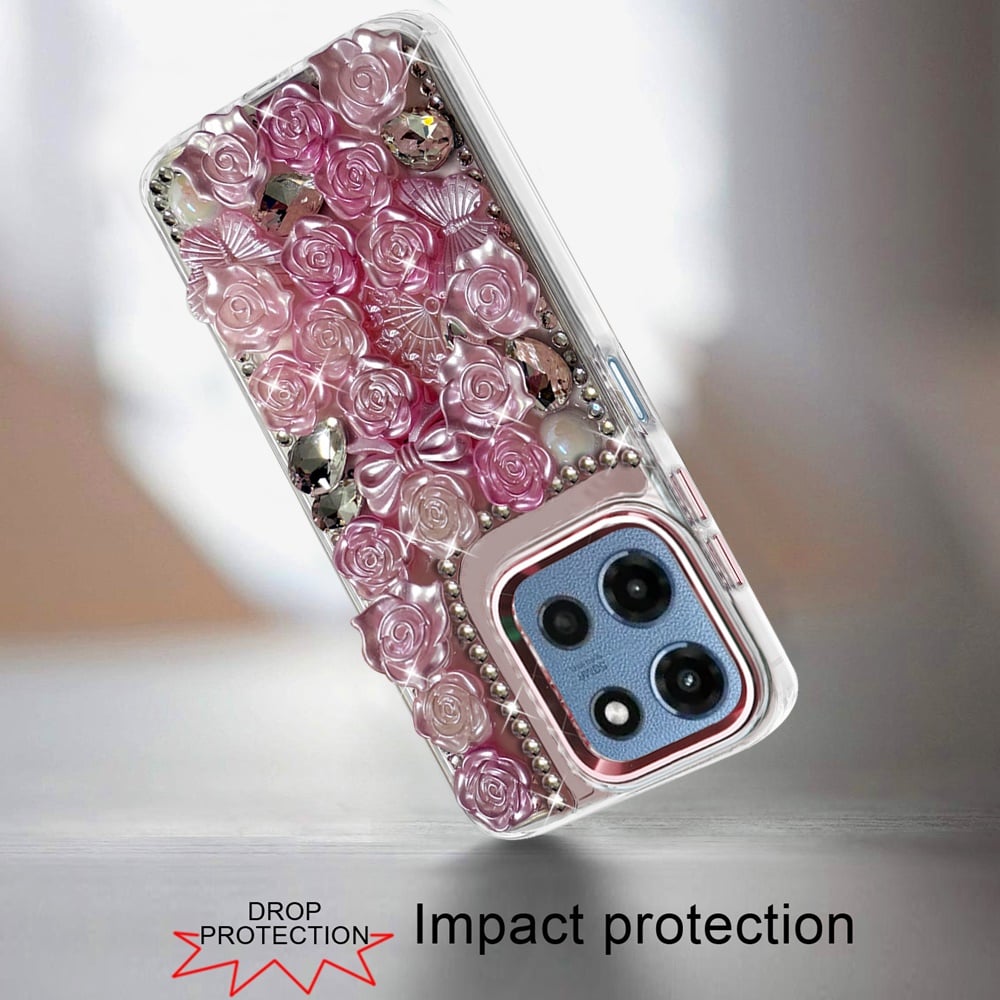 Phone Case for Motorola Moto G 5G 2026 / 2025 3D Flower Bling Rhinestone Glitter Cute Stylish Shockproof Protective Decorative Luxury Grip Stones Ornaments Cover Pink