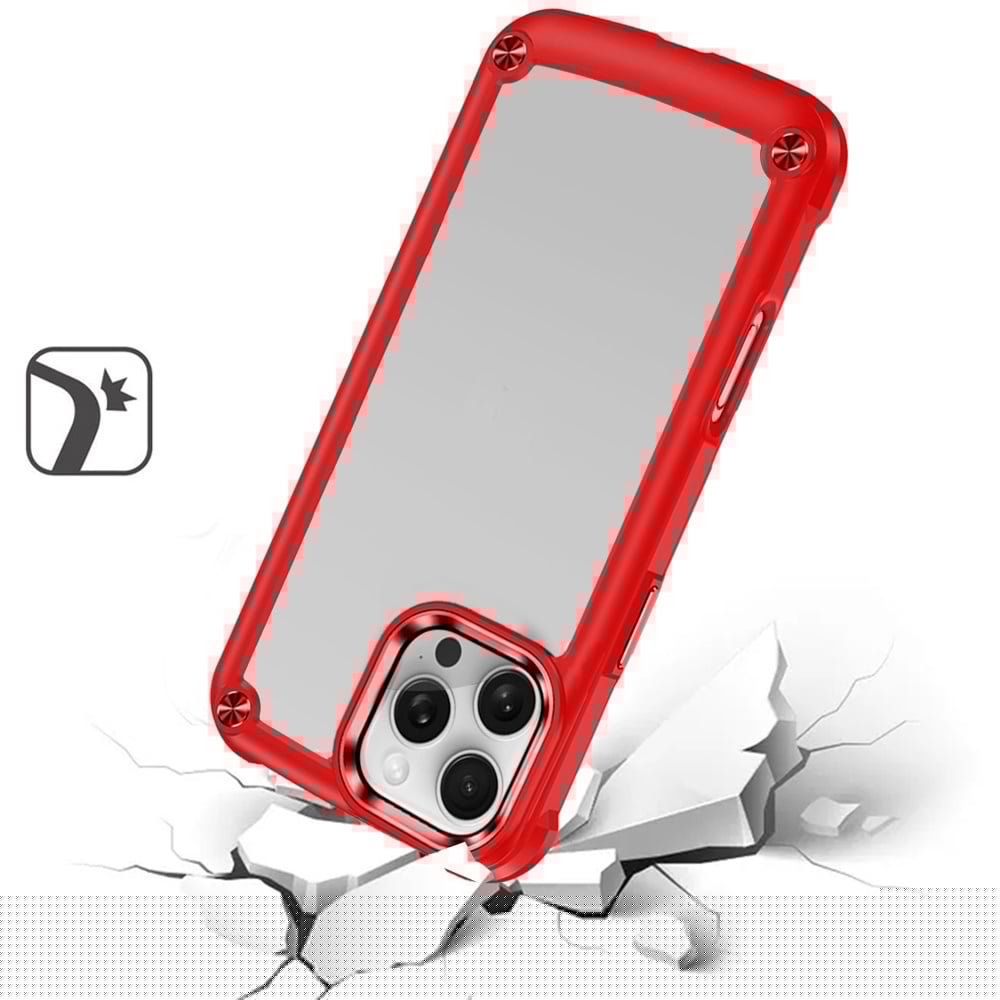 For Apple iPhone 16 Pro Hybrid Transparent Rubber with Metal Buttons & Camera Edges Hard TPU Corner Frame Bumper Case Cover Red