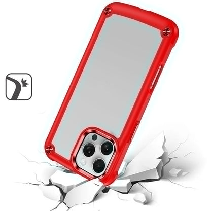 For Apple iPhone 16 Pro Hybrid Transparent Rubber with Metal Buttons & Camera Edges Hard TPU Corner Frame Bumper Case Cover Red