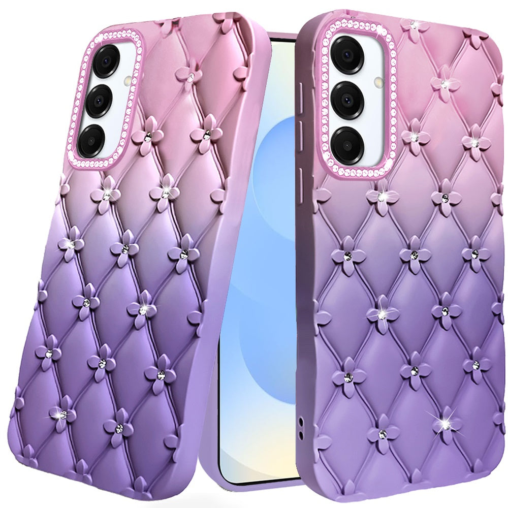 For Samsung Galaxy S25 Ultra Fashion Flower Design Sparkle Glitter Shimmer Rhinestone Bling Floral Accents, Leather Texture TPU Case Cover Light Pink /Light Purple