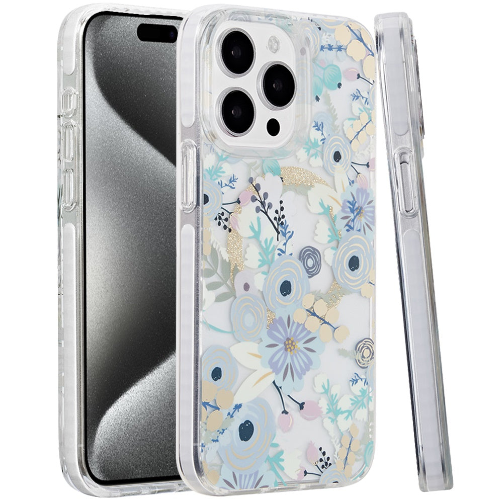 For Apple iPhone 15 Pro Max (6.7") Floral Pattern Design Cute Clear Hybrid Compatible with Magsafe Double Layer Soft TPU Hard PC Case Cover