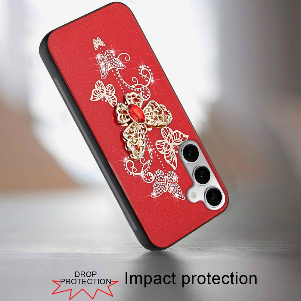 For Samsung Galaxy S22+ / S22 Plus Diamonds 3D Butterfly Bling Sparkly Glitter Ornaments Engraving Hybrid Metal Fashion Case Cover Red Garden Butterflies
