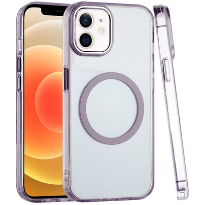 For iPhone 12 / iPhone 12 Pro (6.1") Transparent Back Hybrid Case - Magnetic Circle, Color Frame, Metal Buttons, MagSafe Compatible Case Cover