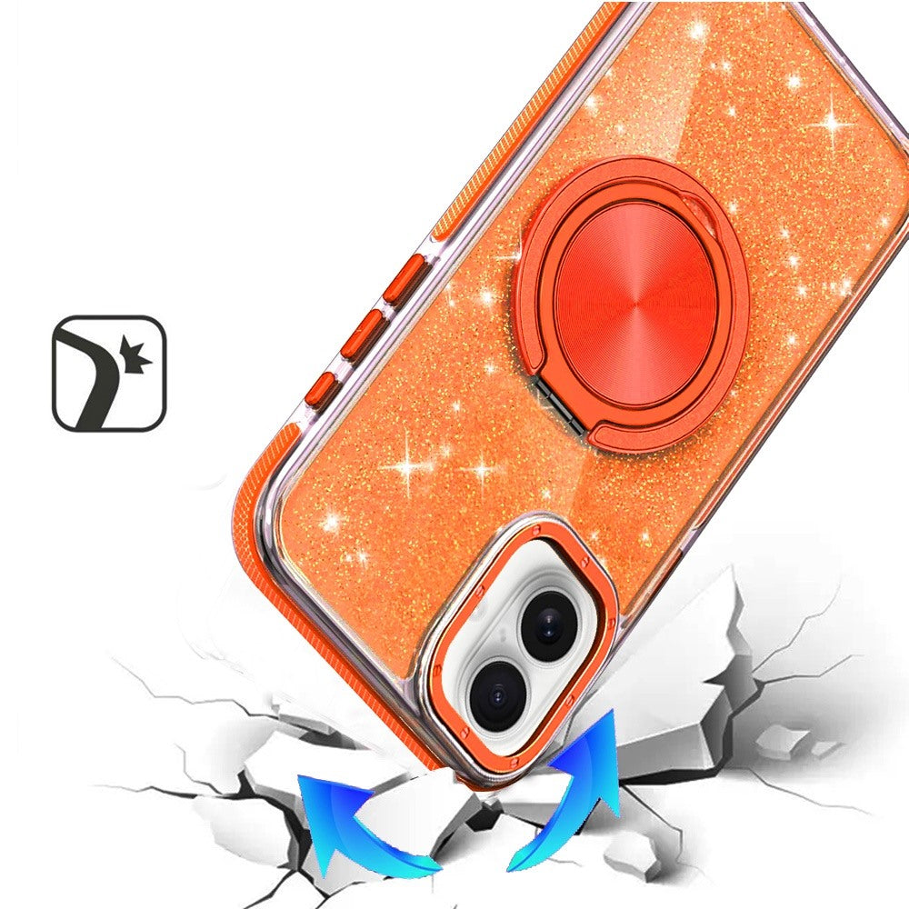 For Apple iPhone 17 (6.3") Slim Bling Glitter Sparkly Shimmer Hybrid with Magnetic Ring and 360° Rotational Stand [Compatible with Magsafe] Case Cover Cosmic Orange