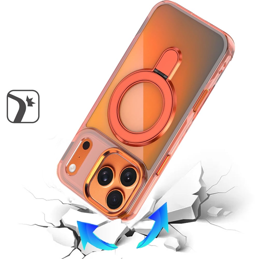 For Apple iPhone 17 Pro (6.3") Chrome Hybrid with Rotating Magnetic Circle Ring Stand, Slim Shockproof Hybrid Case Cover Cosmic Orange