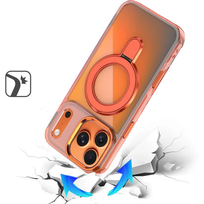 For Apple iPhone 17 Pro (6.3") Chrome Hybrid with Rotating Magnetic Circle Ring Stand, Slim Shockproof Hybrid Case Cover Cosmic Orange