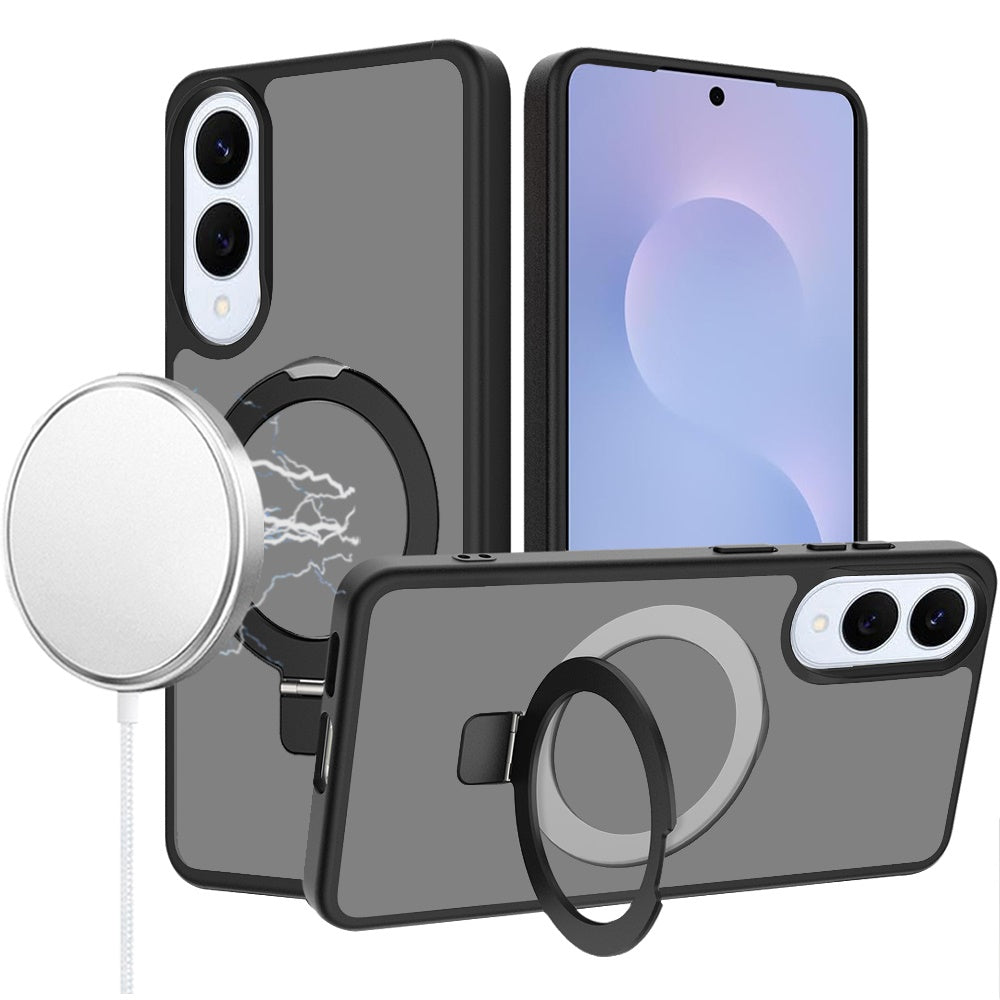 For Samsung Galaxy S25 Edge Magnetic Circle Back with Ring Stand Full Rotation Matte Hybrid Shockproof Case Cover Black