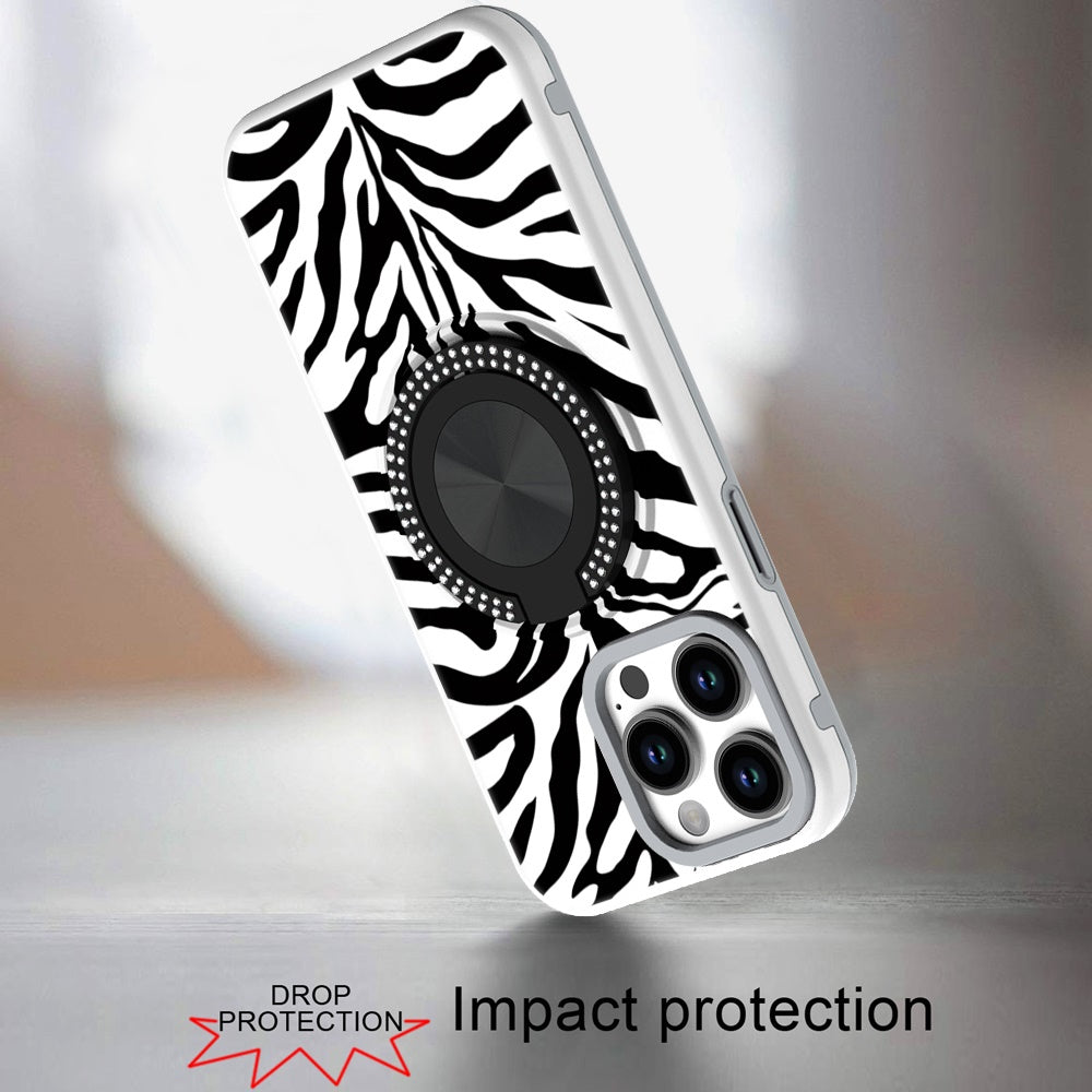 For Apple iPhone 16e Pattern Design Hybrid with Invisible Ring Stand & Magnetic Back, Shockproof Protective Grip Case Cover Zebra