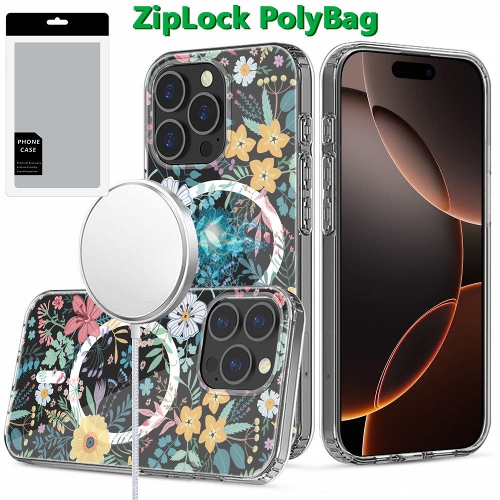 For Apple iPhone 16 Pro Hybrid Flower Design Stylish Fashion Case, MagSafe Compatible, Thick Shockproof Hard PC Case Cover Wildflower