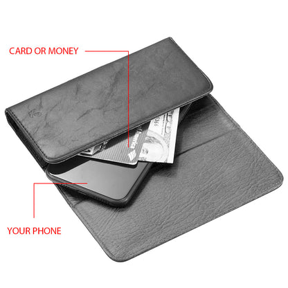 For Apple iPhone 16 Pro (6.3") Universal Horizontal Leather Phone Case with Embossed American Eagle Pouch Belt Clip Holster & Magnetic Pouch [Black]