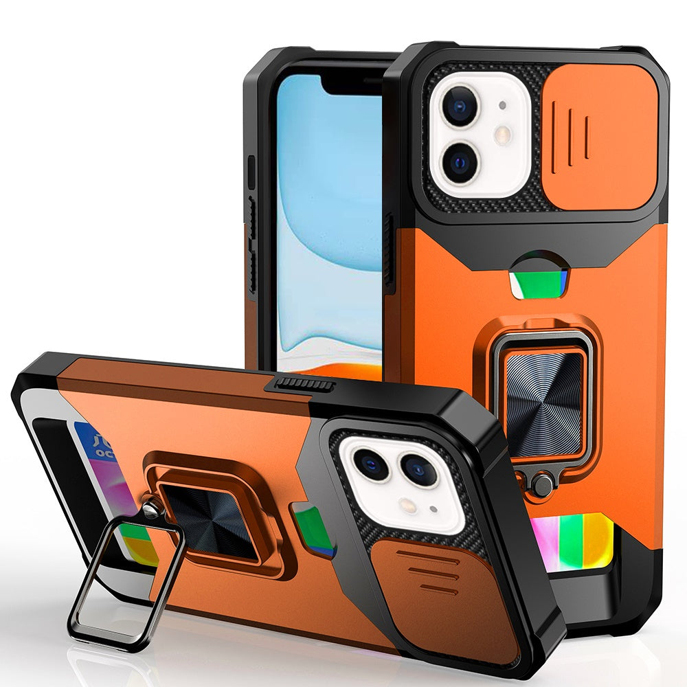 For Apple iPhone 11 Wallet Case with Ring Stand & Slide Camera Cover Back Credit Card Slot Holder, Military Grade Case Cover Cosmic Orange