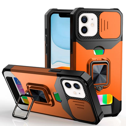 For Apple iPhone 11 Wallet Case with Ring Stand & Slide Camera Cover Back Credit Card Slot Holder, Military Grade Case Cover Cosmic Orange