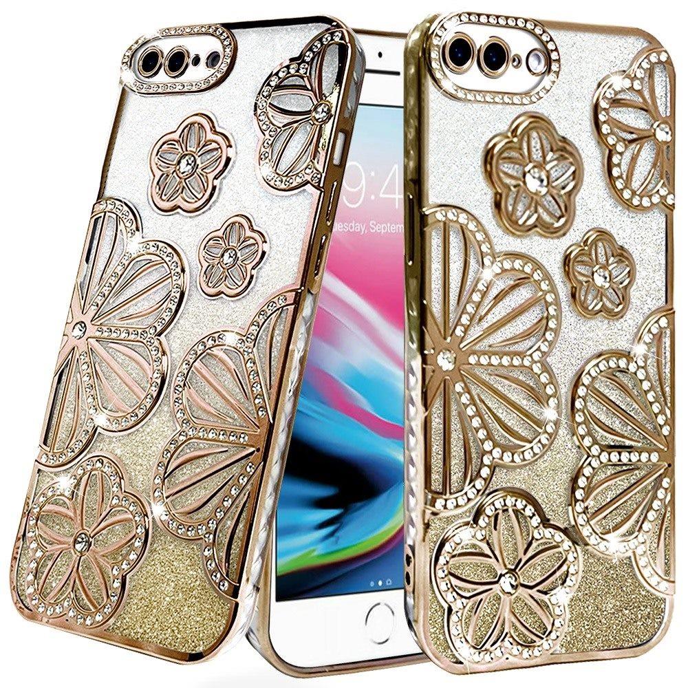 For iPhone 8 Plus / iPhone 7 Plus Luxury Flower Design Sparkle Glitter Diamond Rhinestone Shimmer Bling Plating Thick TPU Hard PC Case Cover Silver