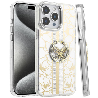 For iPhone 15 Pro Max (6.7") Diamonds 3D Butterfly Floral Design Bling Sparkly Glitter Hybrid Metal Fashion with Ring Stand Case Cover
