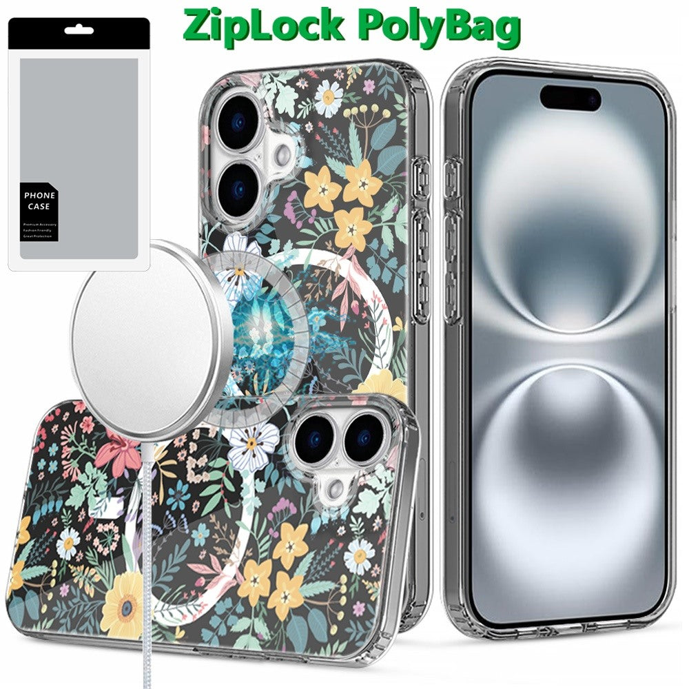 For iPhone 16 (6.1") Hybrid Flower Design Stylish Fashion Case, MagSafe Compatible, Thick Shockproof Hard PC Case Cover Colorful Flower