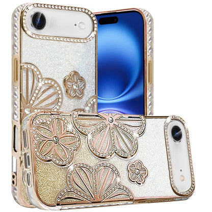 For Apple iPhone 17 Air (6.6") Luxury Flower Design Sparkle Glitter Diamond Rhinestone Shimmer Bling Plating Thick TPU Hard PC Case Cover