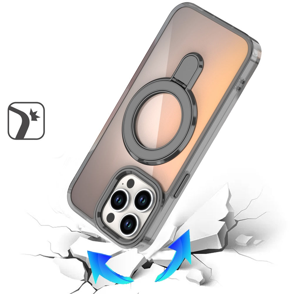 For Apple iPhone 16e Chrome Hybrid with Rotating Magnetic Circle Ring Stand, Slim Shockproof Hybrid Case Cover