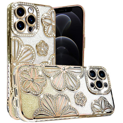For Samsung Galaxy A16 Luxury Flower Design Sparkle Glitter Diamond Rhinestone Shimmer Bling Plating Thick TPU Hard PC Case Cover Flower Gold