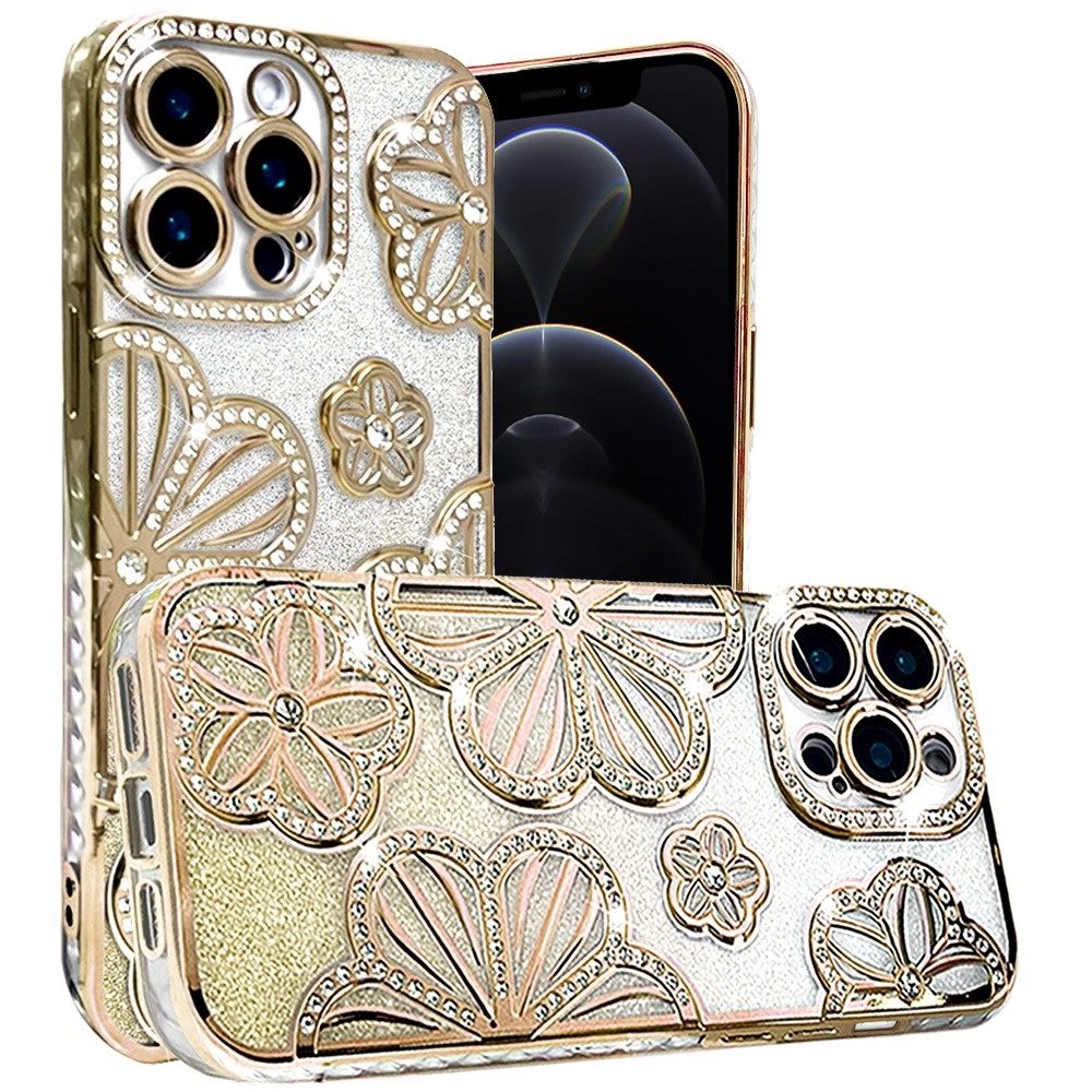 For Samsung Galaxy A26 Luxury Flower Design Sparkle Glitter Diamond Rhinestone Shimmer Bling Plating Thick TPU Hard PC Case Cover Flower Gold