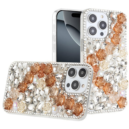 For Apple iPhone 16 (6.1") Fashion Rose Flower Floral Bling Crystal 3D Full Diamonds Pearl Sparkle Rhinestone Glitter Hybrid Case Cover