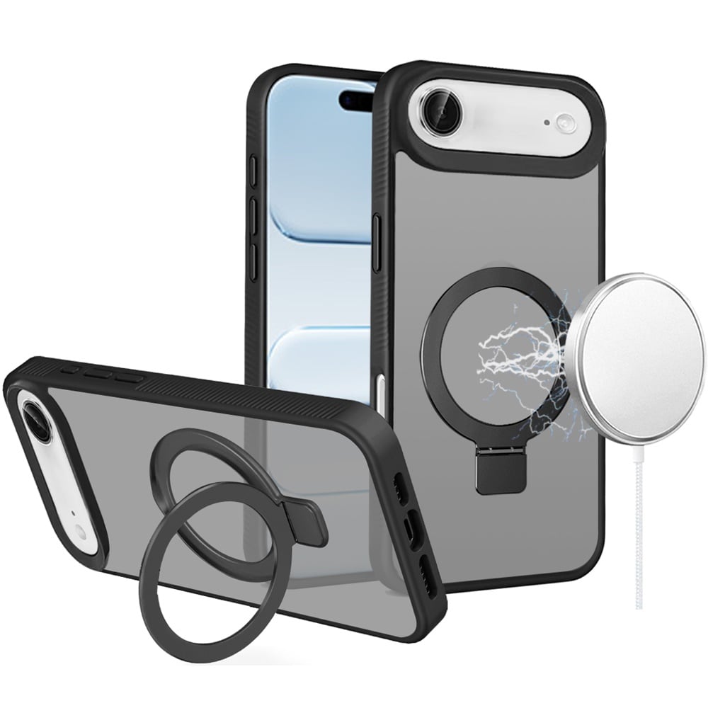 For Apple iPhone 17 Air (6.6") Magnetic Circle Kickstand with MagSafe Compatibility, Matte Skin, Rugged Bumper, and Ring Holder Case Cover Black