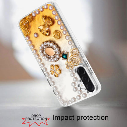 For Samsung Galaxy A17 5G Bling Fashion Design with 3D Pearls Epoxy Glitter Ornaments Chrome Edge Hard Slim PC Case Cover Fashion Yellow