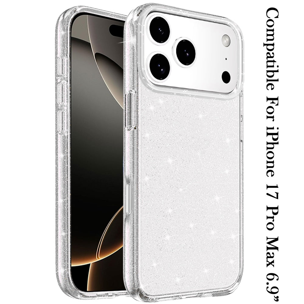 For Apple iPhone 17 Pro Max Transparent Glitter Shiny Sparkle Bling TPU Rubber Hard Back Hybrid Frame Shockproof Case Cover