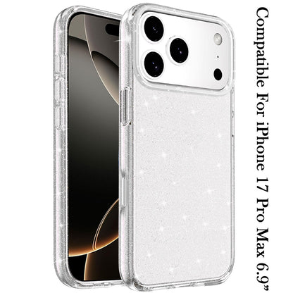 For Apple iPhone 17 Pro Max Transparent Glitter Shiny Sparkle Bling TPU Rubber Hard Back Hybrid Frame Shockproof Case Cover
