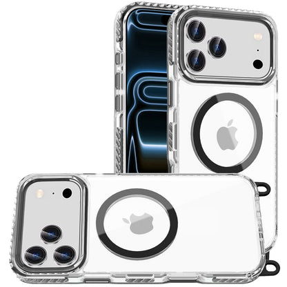 For Apple iPhone 17 Pro (6.3") Clear Magnetic Frame PC Back Shockproof Protective Case with Detachable Lanyard Strap, Compatible with MagSafe Case Cover Black