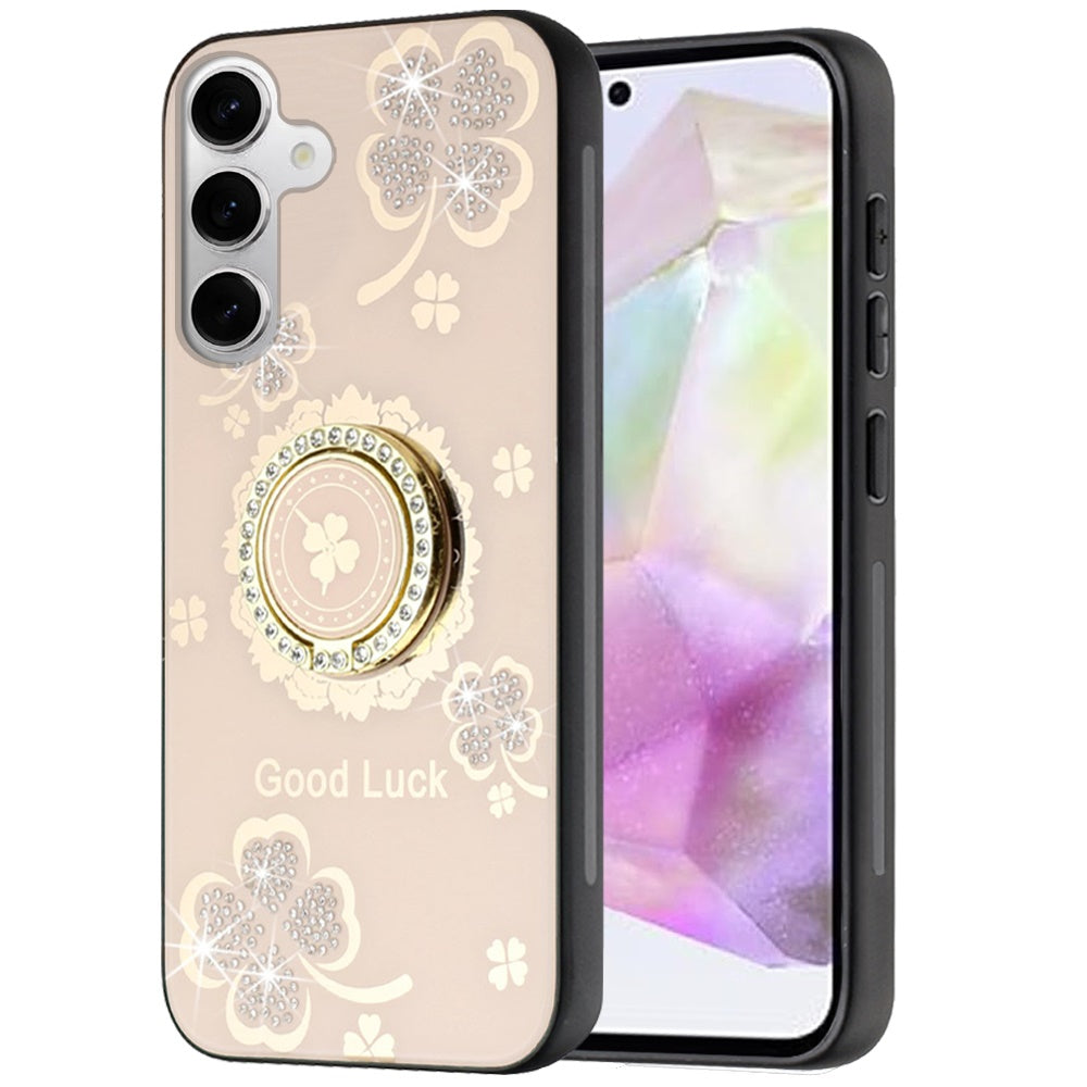 For Motorola Moto G 5G 2025 Diamonds 3D Fashion Floral Bling Sparkly Glitter Ornaments Engraving Hybrid with Ring Stand Case Cover Gold Good Luck Floral