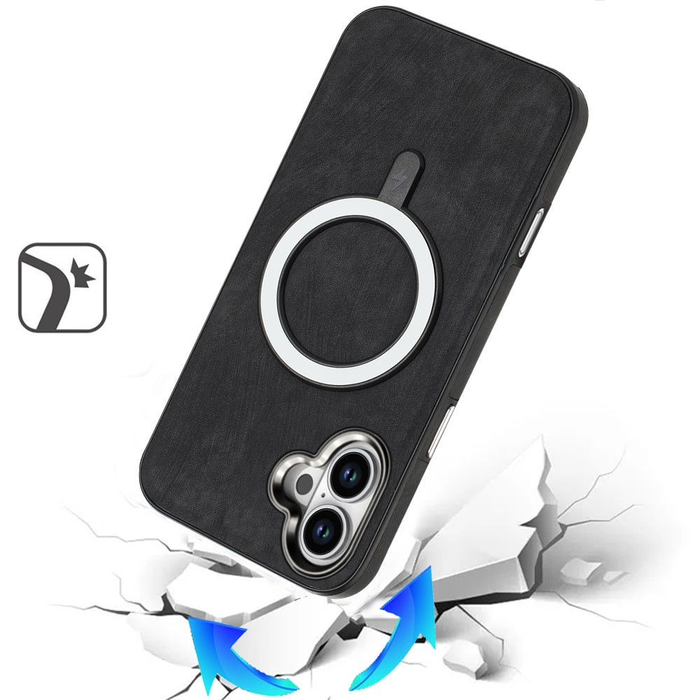 For Apple iPhone 17 Fashion PU Vegan Leather Chrome Edge Hybrid, MagSafe Compatible, Durable TPU Hard PC Case Cover Black