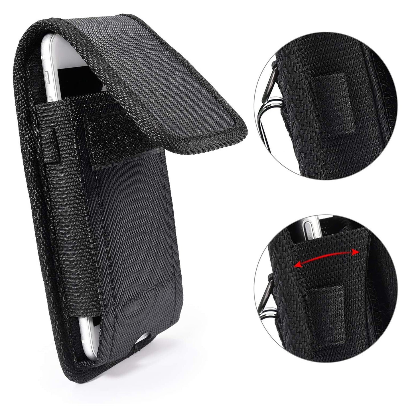 For Apple iPhone 16 Pro (6.3") Nylon Canvas Fabric Waist Belt Holster Vertical Pouch Holds Large Phone Works with Thick Cases Universal Cover [Black]