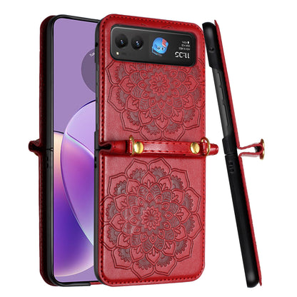 For Motorola Razr 2025 Embossed Floral PU Leather Henna Mandala Design Flip Cover with Strap, Hybrid Protective Case Cover