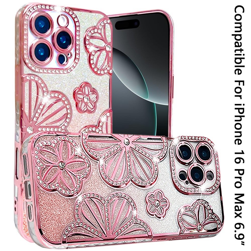 For iPhone 16 Pro Max (6.9") Luxury Flower Design Sparkle Glitter Diamond Rhinestone Shimmer Bling Plating Thick TPU Hard PC Case Cover