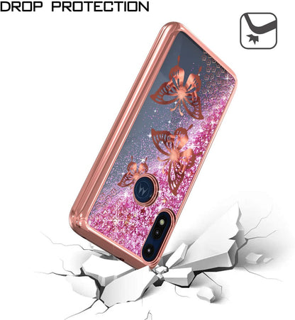 For Apple iPhone 15 Pro (6.1") Quicksand Liquid Glitter Bling Flowing Sparkle Fashion Hybrid TPU Chrome Plating Hard Butterfly Phone Case Cover
