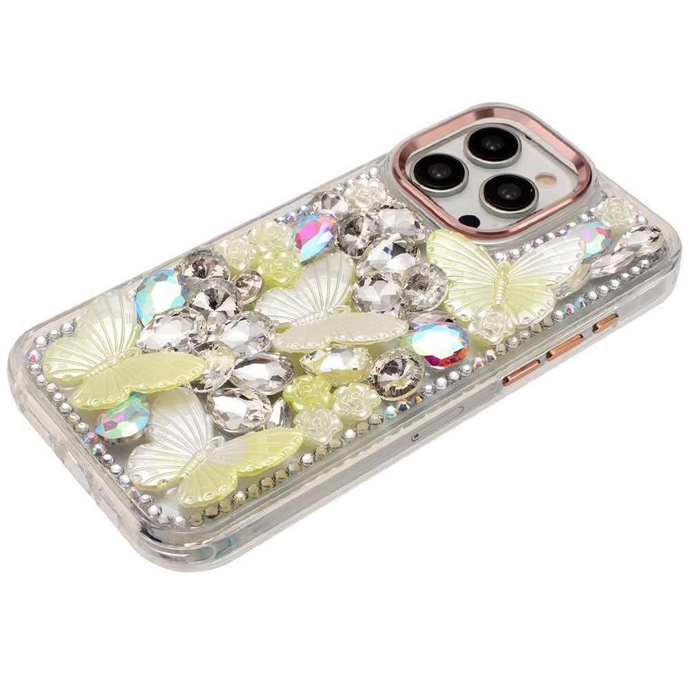 For Apple iPhone 16 Pro Max 3D Diamond Floral Butterfly Bling Stone Hybrid, Sparkly Rhinestone Gemstone Back Shockproof Case Cover