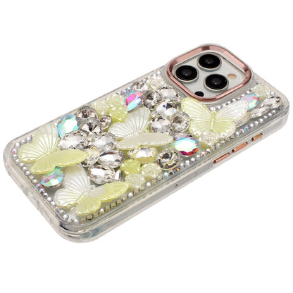 For Apple iPhone 13 Pro Max 3D Diamond Floral Butterfly Bling Stone Hybrid, Sparkly Rhinestone Gemstone Back Shockproof Case Cover
