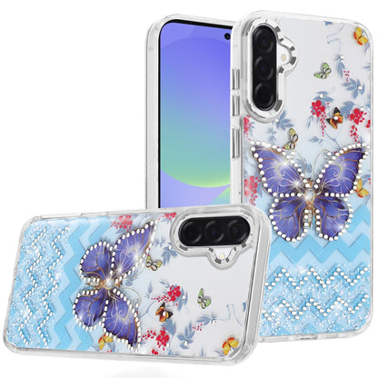 For Samsung Galaxy A36 Butterfly Resin Epoxy Diamond Design Metal Edged Hybrid Shockproof Heavy Duty Drop Protection Case Cover