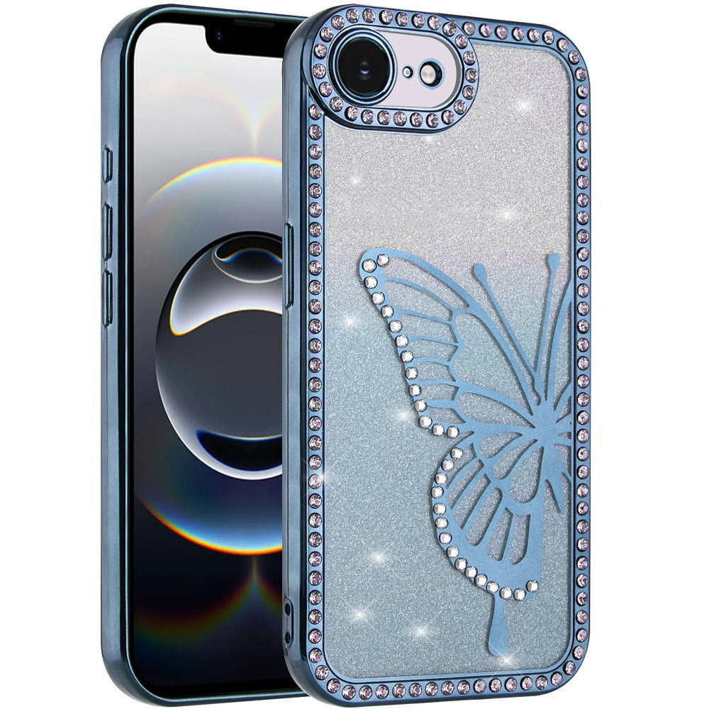 For Apple iPhone 16e Butterfly Glitter Diamond Shimmer Hybrid Slim & Stylish Electroplated Sparkly Bling Shockproof TPU Protective Case Cover