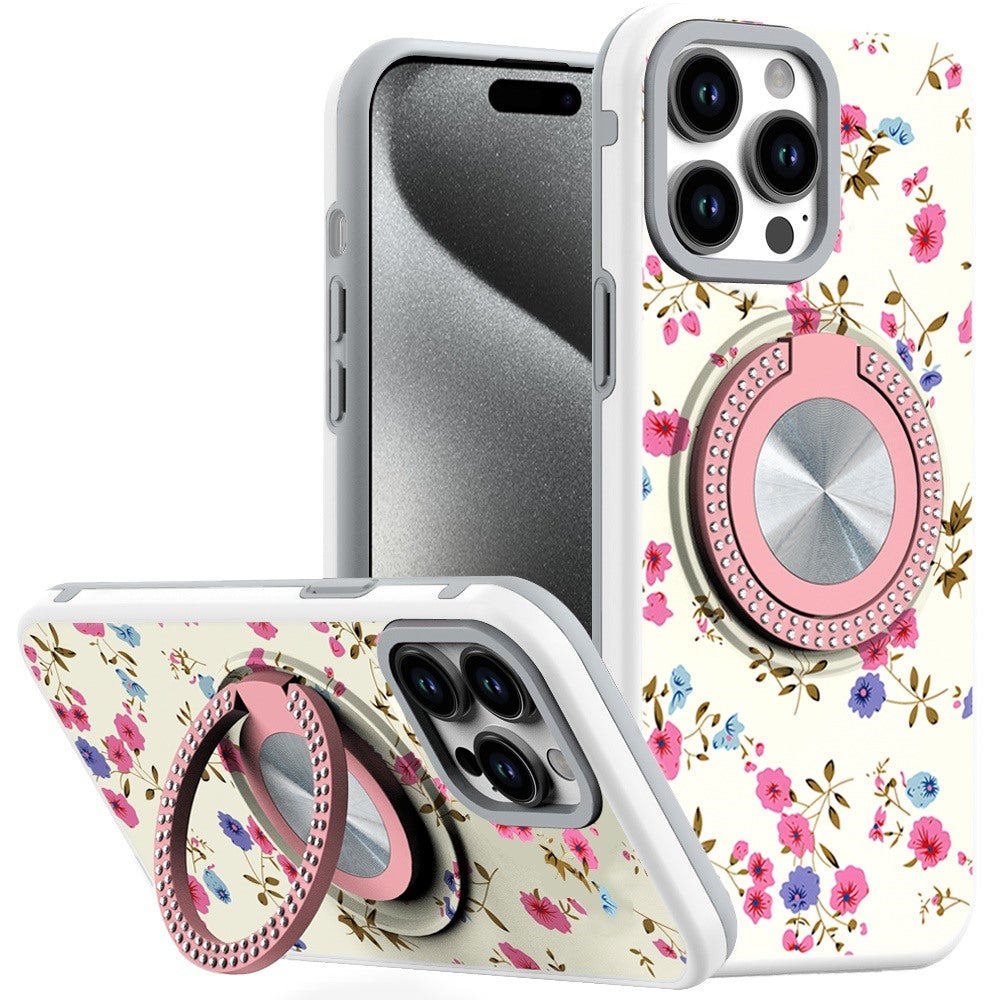 For Apple iPhone 16e Pattern Design Hybrid with Invisible Ring Stand & Magnetic Back, Shockproof Protective Grip Case Cover Mini Spring Flowers