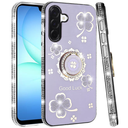For Samsung Galaxy A17 5G Diamonds Bling All Around Edges Sparkly Glitter Hybrid with Ring Stand Holder Fashion Good Luck Case Cover