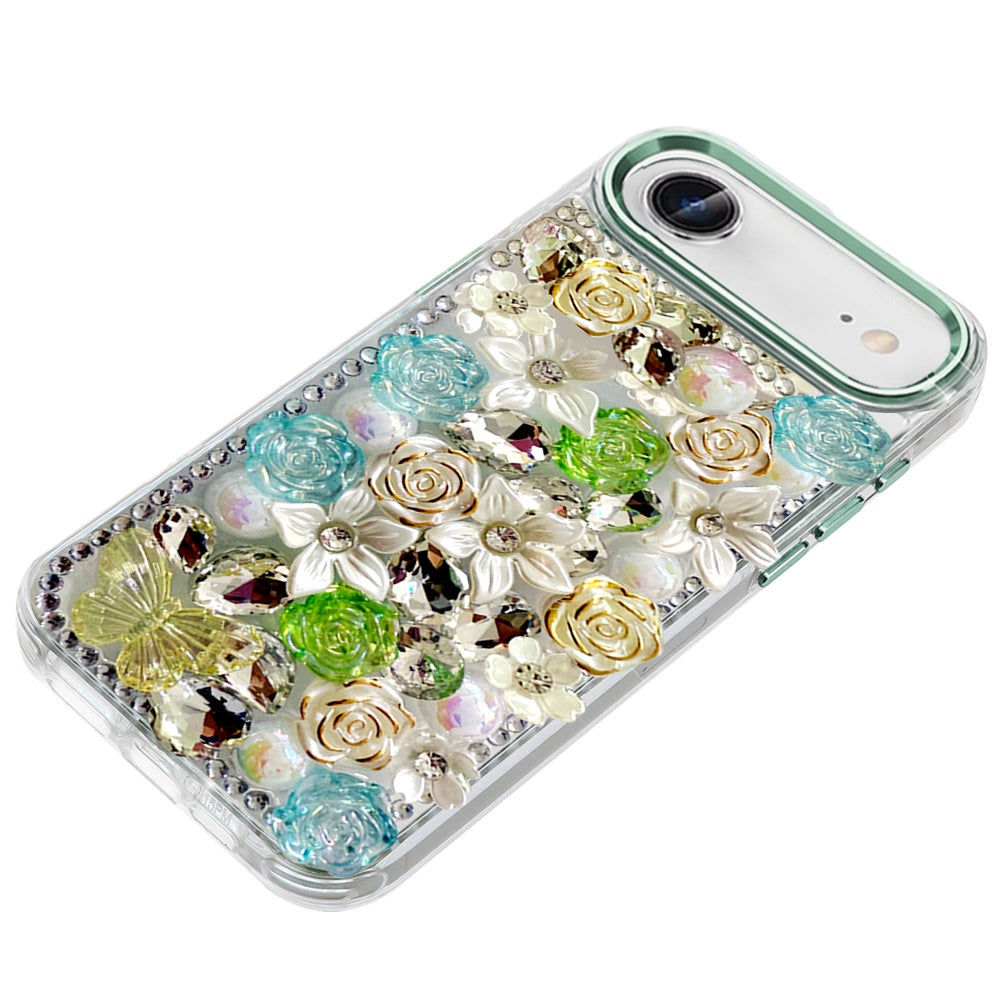 For Apple iPhone 17 Air (6.6") 3D Diamond Floral Roses Flower Bling Stone Hybrid, Sparkly Rhinestone Gemstone Back Shockproof Case Cover