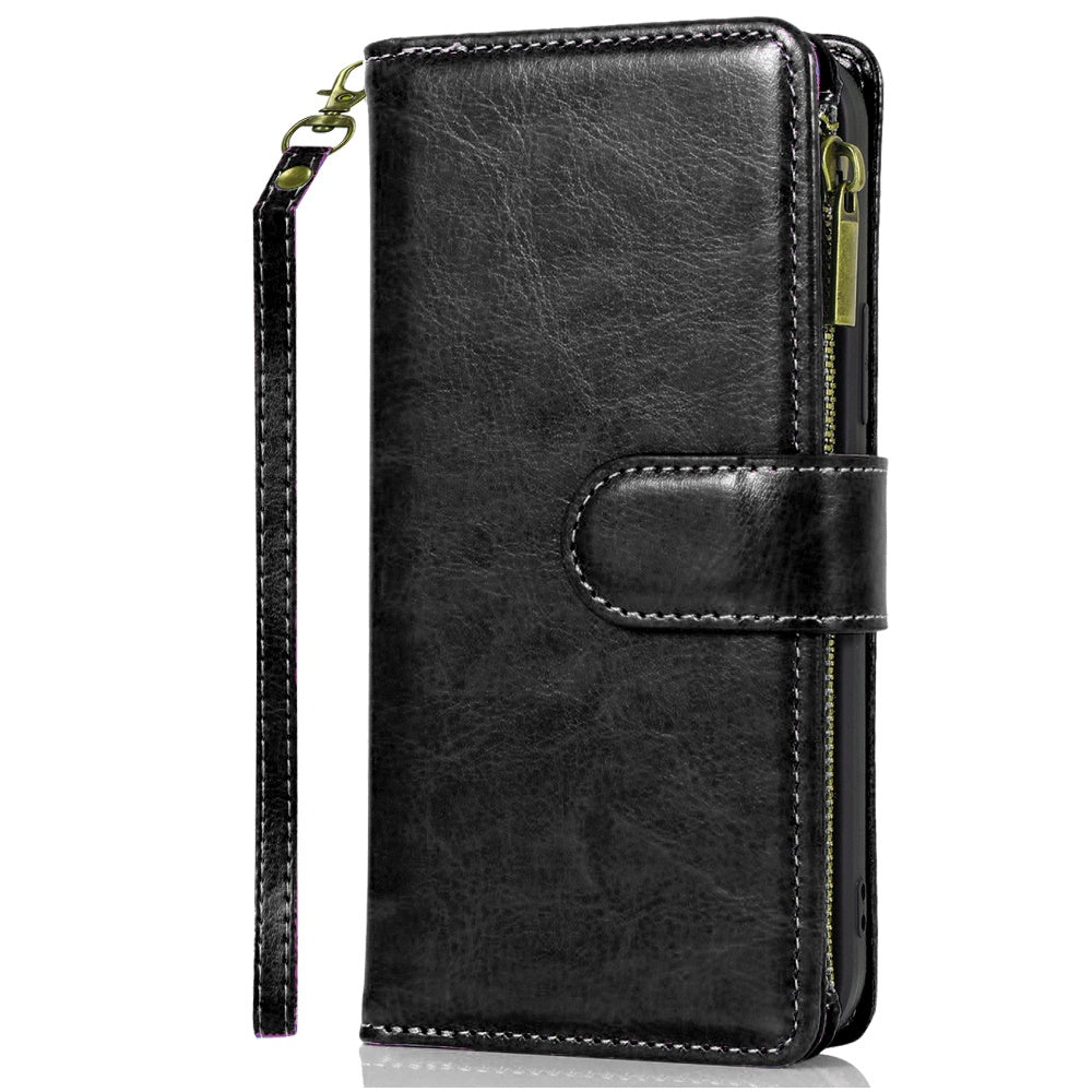 For Samsung Galaxy S25 Ultra Leather Wallet Case with Zipper, 9 Card Slots, Cash Pocket, Stand & Strap, Clutch Pouch Design Case Cover Black