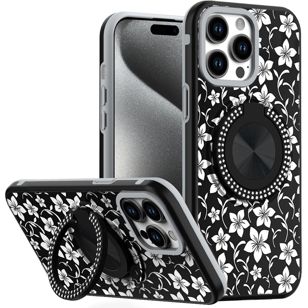 For Apple iPhone 16e Pattern Design Hybrid with Invisible Ring Stand & Magnetic Back, Shockproof Protective Grip Case Cover Classic Floral