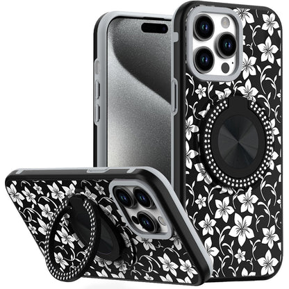 For Apple iPhone 16e Pattern Design Hybrid with Invisible Ring Stand & Magnetic Back, Shockproof Protective Grip Case Cover Classic Floral