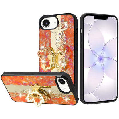 For Apple iPhone 17E /16E Diamonds 3D Butterfly Bling Sparkly Glitter Ornaments Engraving Hybrid Metal Fashion Case Cover Enchanted Butterfly Cosmic Orange