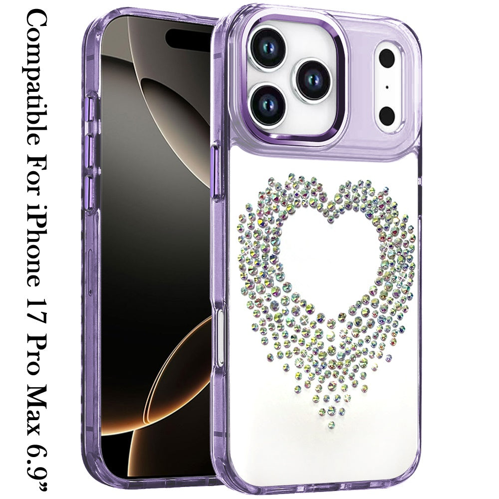 For Apple iPhone 17 Pro Max (6.9") Angel Hearts Bling Glitter Diamond Hybrid TPU Cover, Colorful Frame Shockproof Protective Back Case Cover