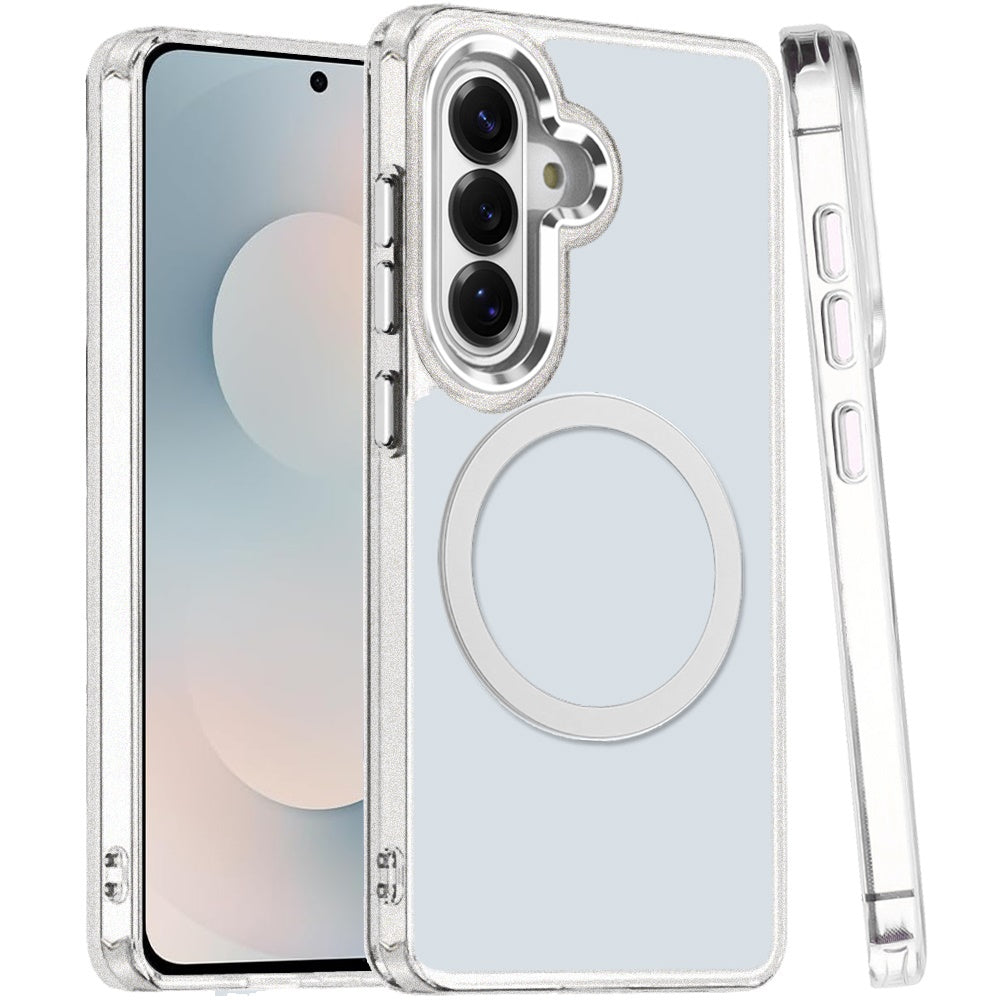 For Samsung Galaxy S25 FE /S25 Fan Edition Transparent Back Hybrid Case - Magnetic Circle, Color Frame, Metal Buttons, MagSafe Compatible Case Cover