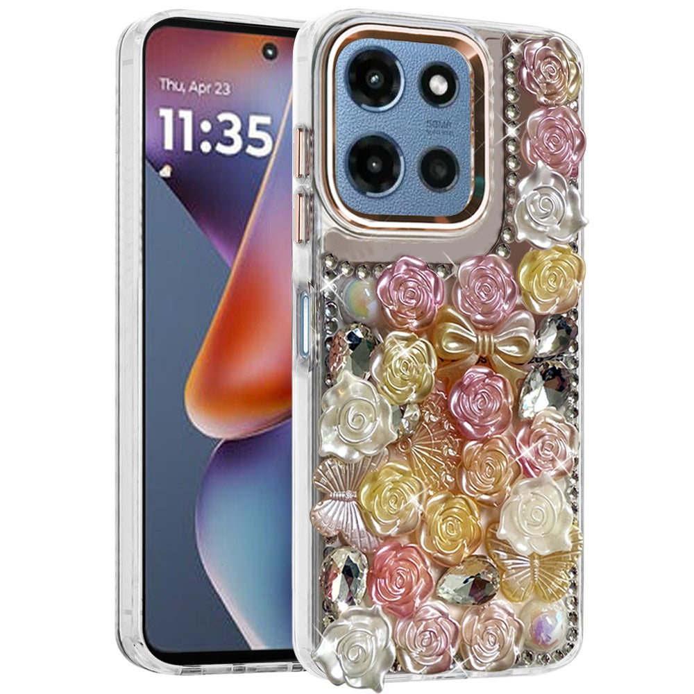 For Motorola Moto G Play 5G 2026 Muti-Color Floral Fashion Bling Crystal 3D Full Diamonds Stones Sparkle Rhinestone Glitter Hybrid Case Cover