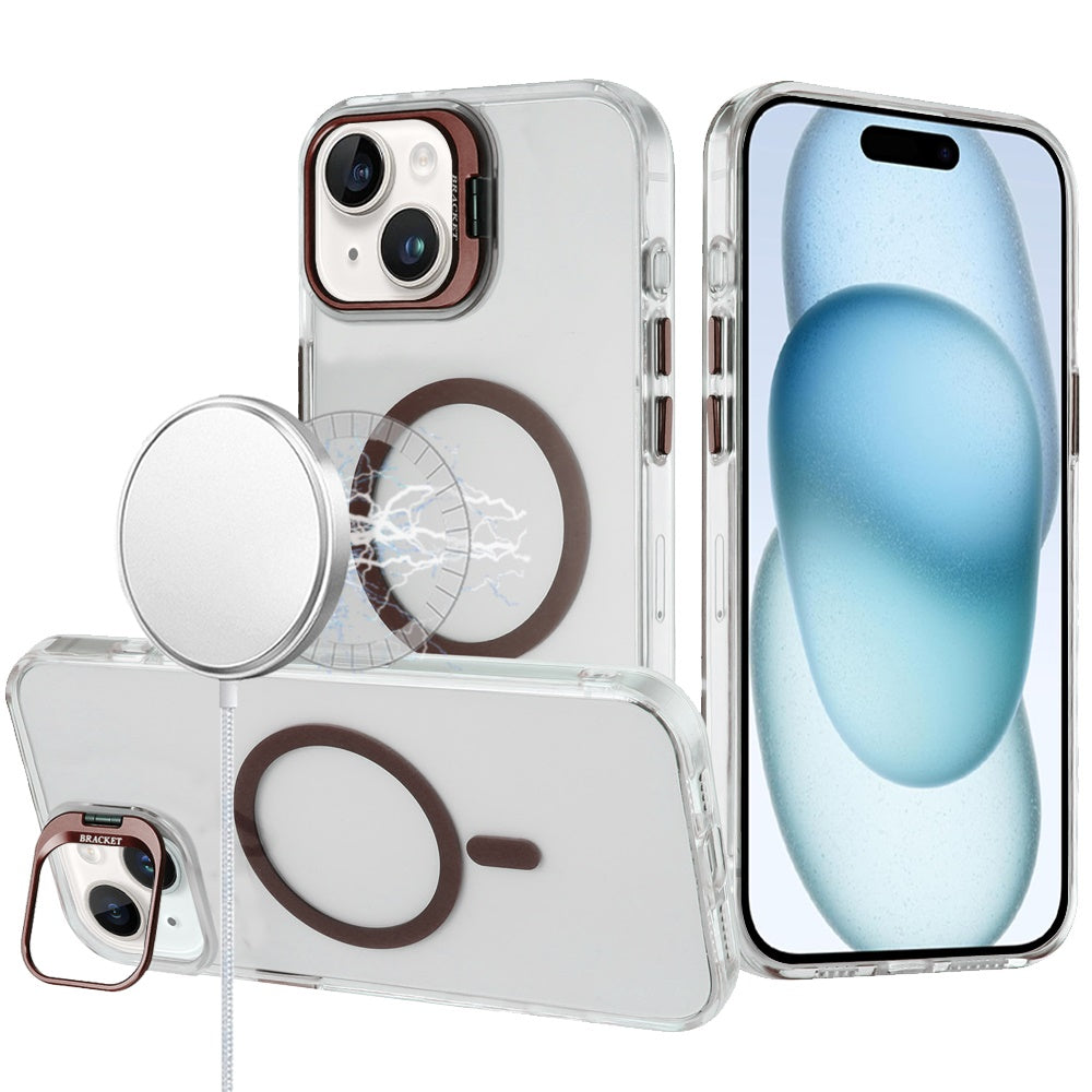 For Apple iPhone 15 Transparent Hybrid Magnetic Circle with Camera Lens Kickstand, Shockproof Slim TPU PC Case Cover